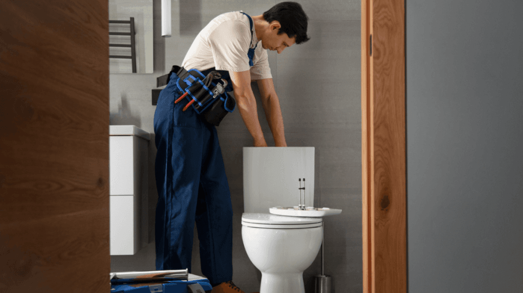 homme qui bricole dans les toilettes