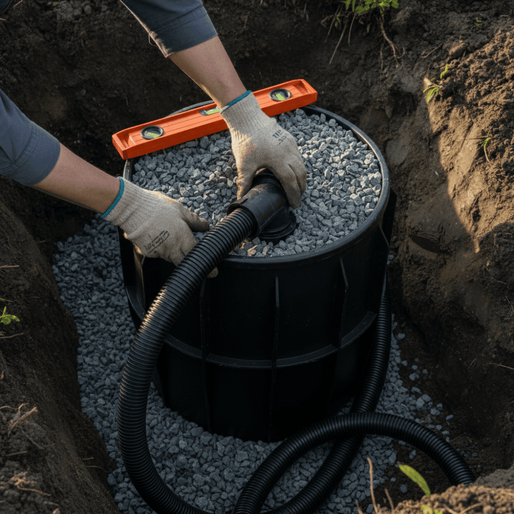Installation d'un filtre compact d'assainissement individuel avec raccordement de tuyauterie