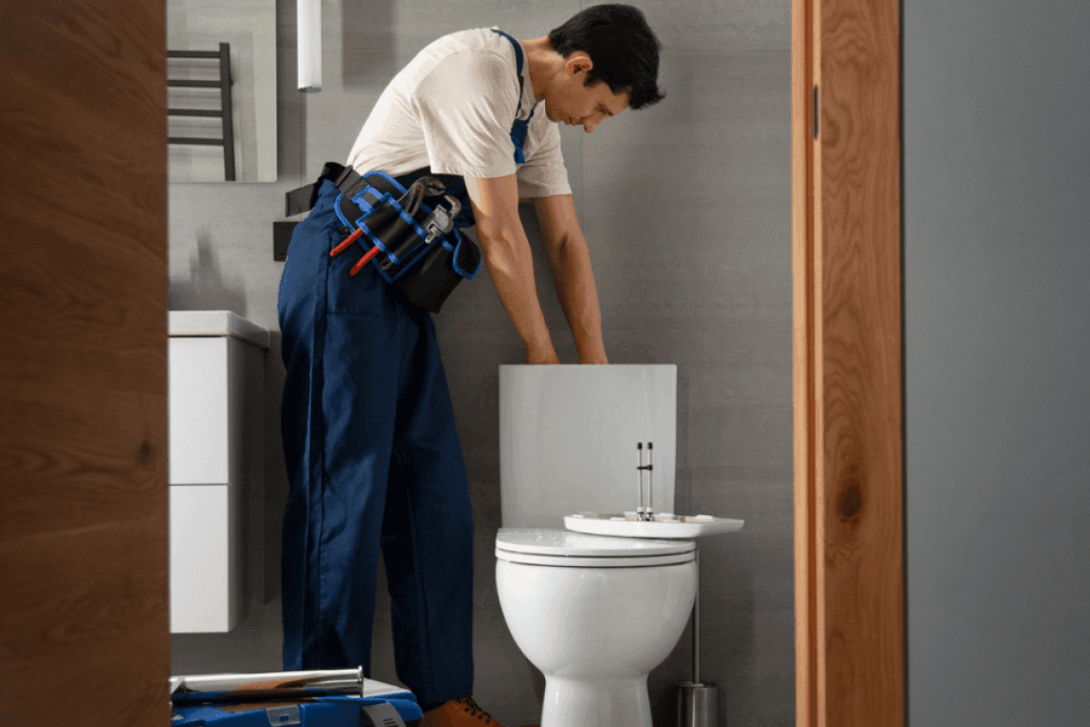 homme qui bricole dans les toilettes
