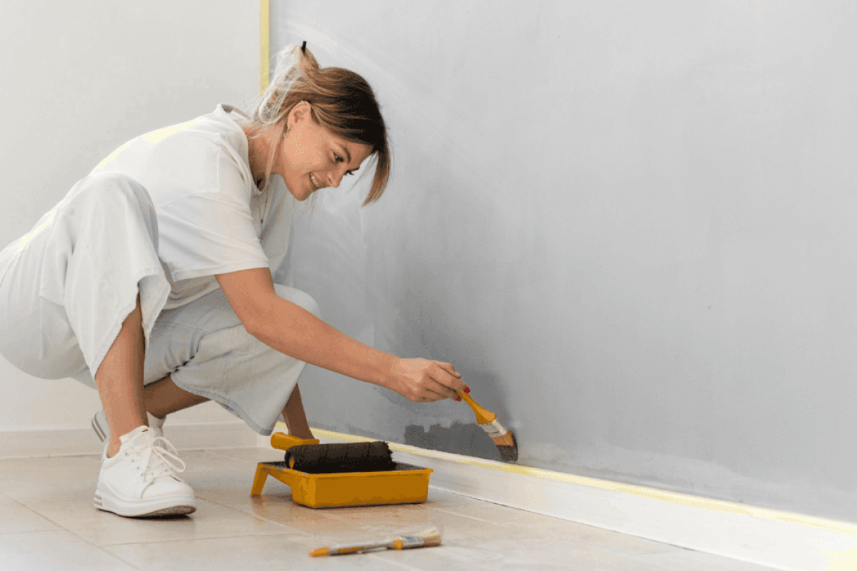 Femme qui peint un mur avec des plinthes